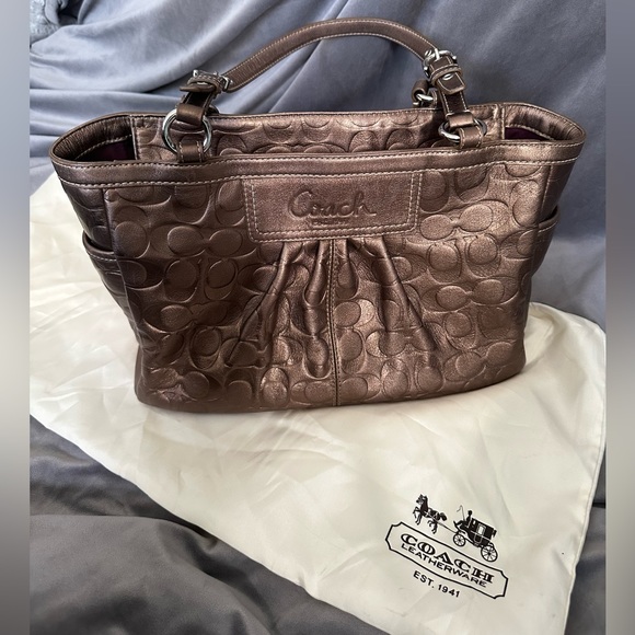 Coach Metallic Large Tote with Dust Bag • Embossed Monogram Coach • Gold Bronze - Picture 2 of 16